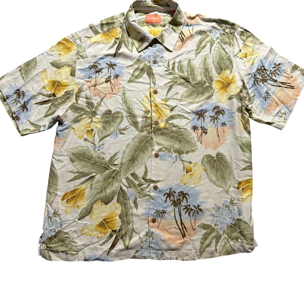 Tommy Bahama Button Down Shirt Mens XL Multicolor Silk Tropical Floral Palm Tree